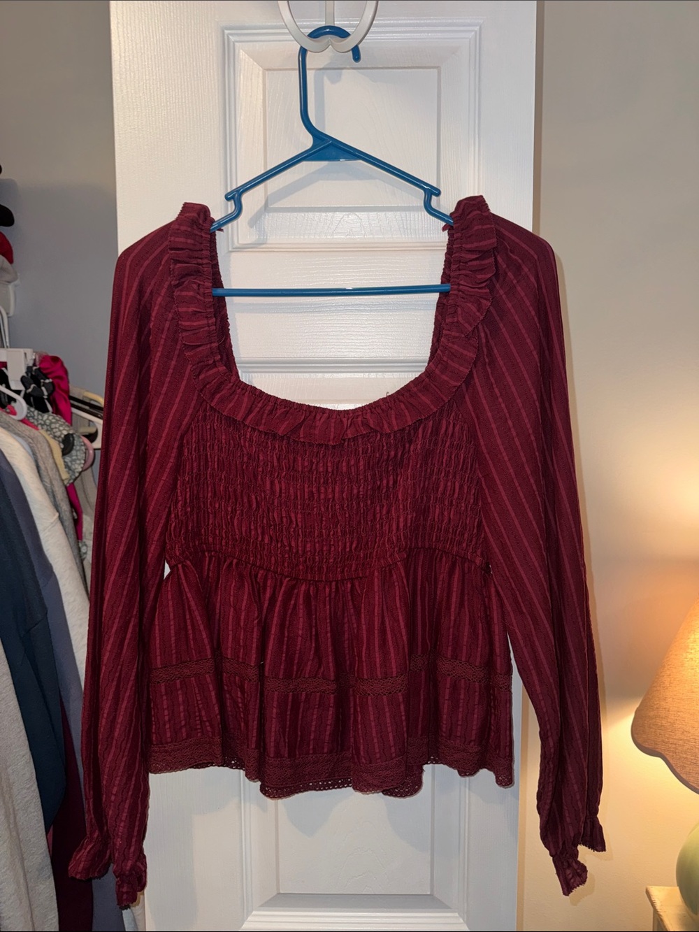 Tinseltown Burgundy Ruffled Square-Neck Blouse